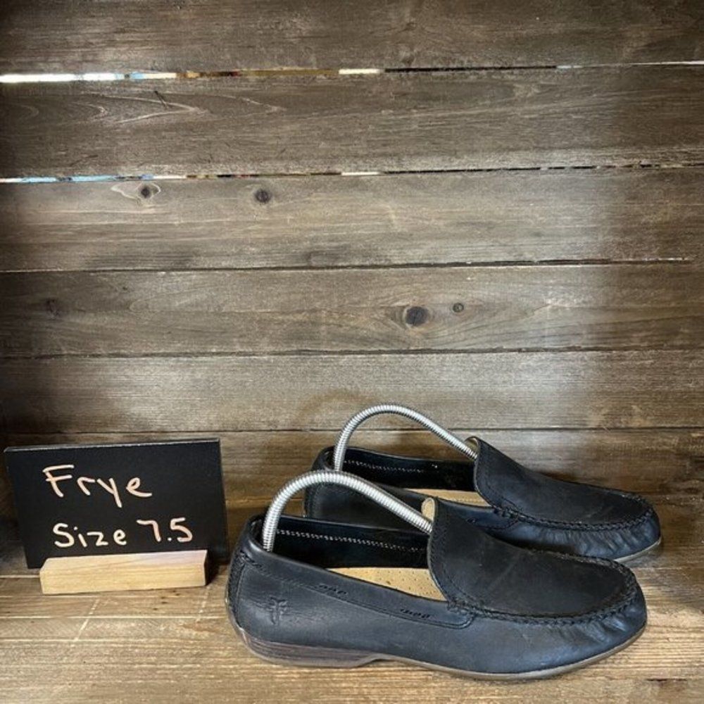 Mens Frye Lewis Venetian Black Leather Slip On Loafers Shoes‎ Size 7.5 M GUC